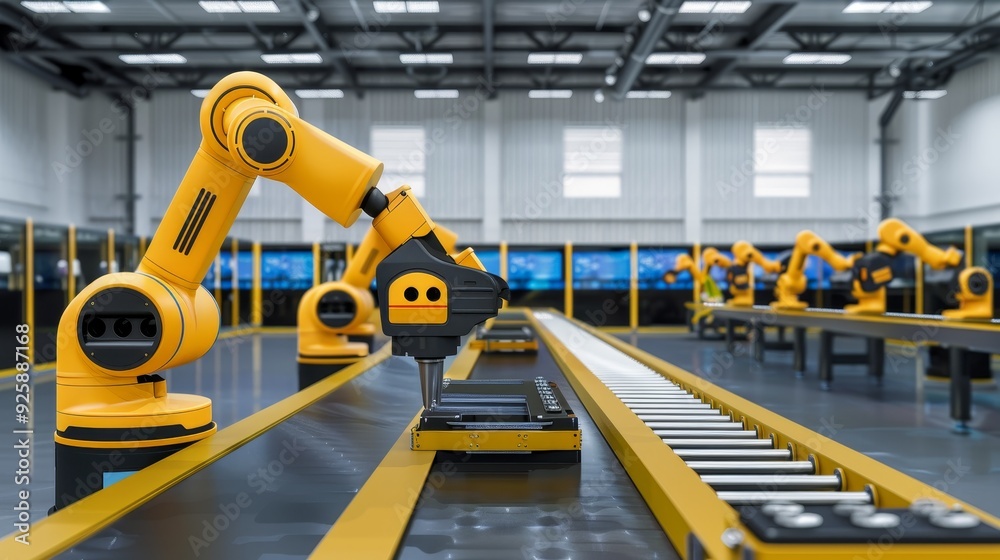 Industrial robotic arms working on a production line in a modern factory, showcasing advanced automation and manufacturing technology. Industrial robotic arms working on a production line in a modern factory, showcasing advanced automation and manufacturing technology.