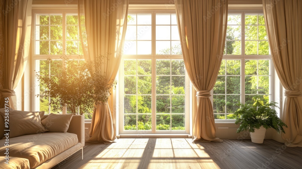 Fototapeta premium A serene, sunlit room with elegant drapes framing large windows, a comfortable sofa, and a peaceful, inviting ambiance.