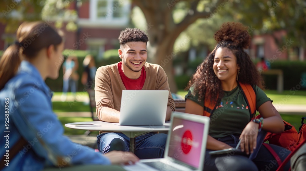 A diverse group of college students collaborating outdoors, discussion while using laptops, the synergy of technology and education in a multicultural setting, educational and tech-focused projects