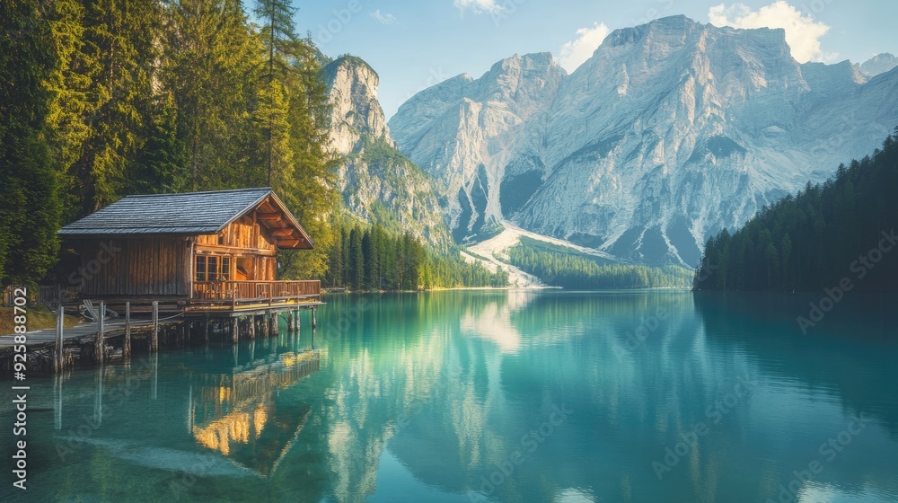 Obraz premium A serene view of Lake Braies surrounded by towering mountains and dense forests, reflecting the calm, turquoise waters. A perfect nature escape in the heart of the Dolomites.