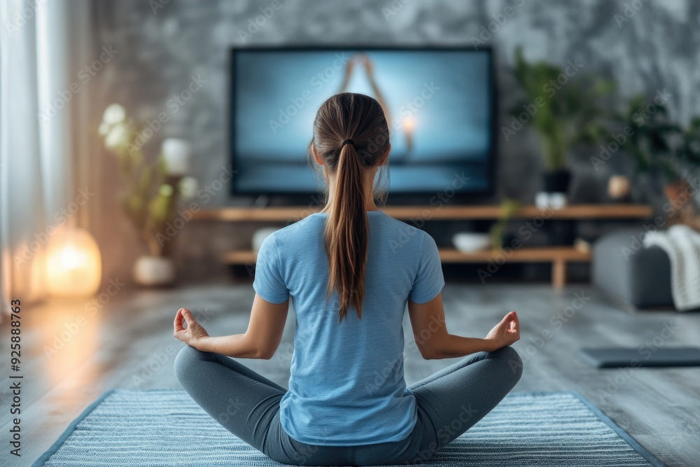 Yoga TV. Woman practicing meditation and sport with online training course at home Yoga TV. Woman practicing meditation and sport with online training course at home