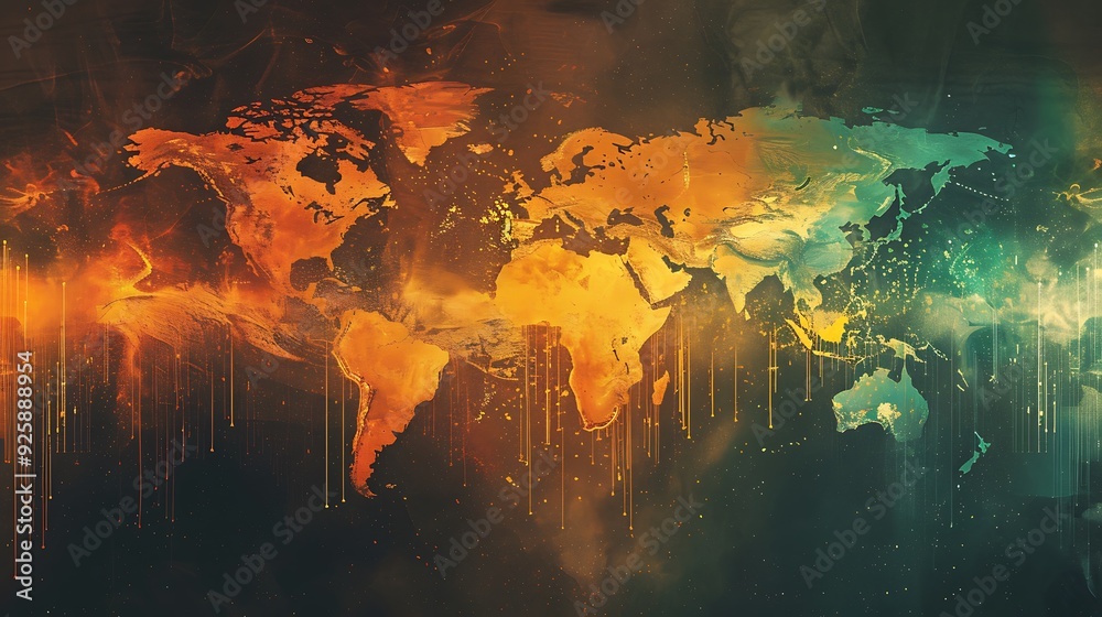 Fototapeta premium A panoramic view of a global temperature rise chart from 2020 to 2040, projected data points showing steep increase, intense colors, backdrop of drought-stricken land, clear and impactful visuals,