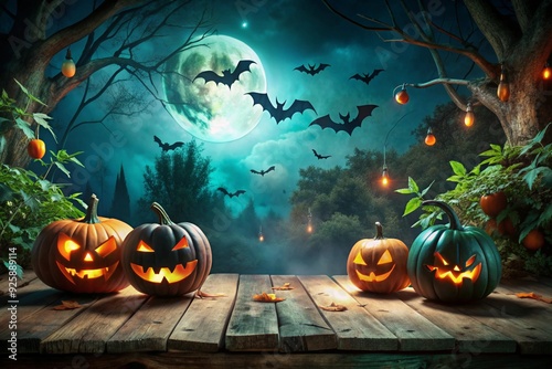 halloween night background for product display with pumpkins and bats with wooden table  photo