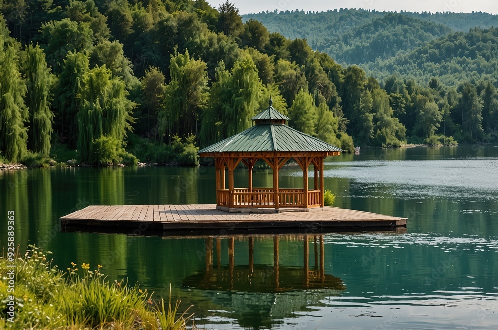 Two wooden gazebo near the lake with a green roof. Two wooden gazebo near the lake with a green roof.