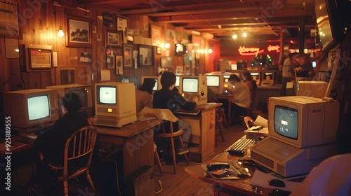 A panoramic view of an early 1990s internet cafe, a few people using bulky computers, dial-up modems, nostalgic and retro atmosphere, warm and dim lighting, hd quality, natural look. --ar 16:9 --v 6. photo