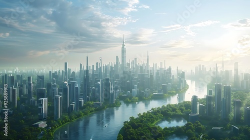 A panoramic view of the city skyline in the 2060s, fully integrated smart city, futuristic buildings with eco-friendly designs, autonomous vehicles, vibrant and utopian urban environment,