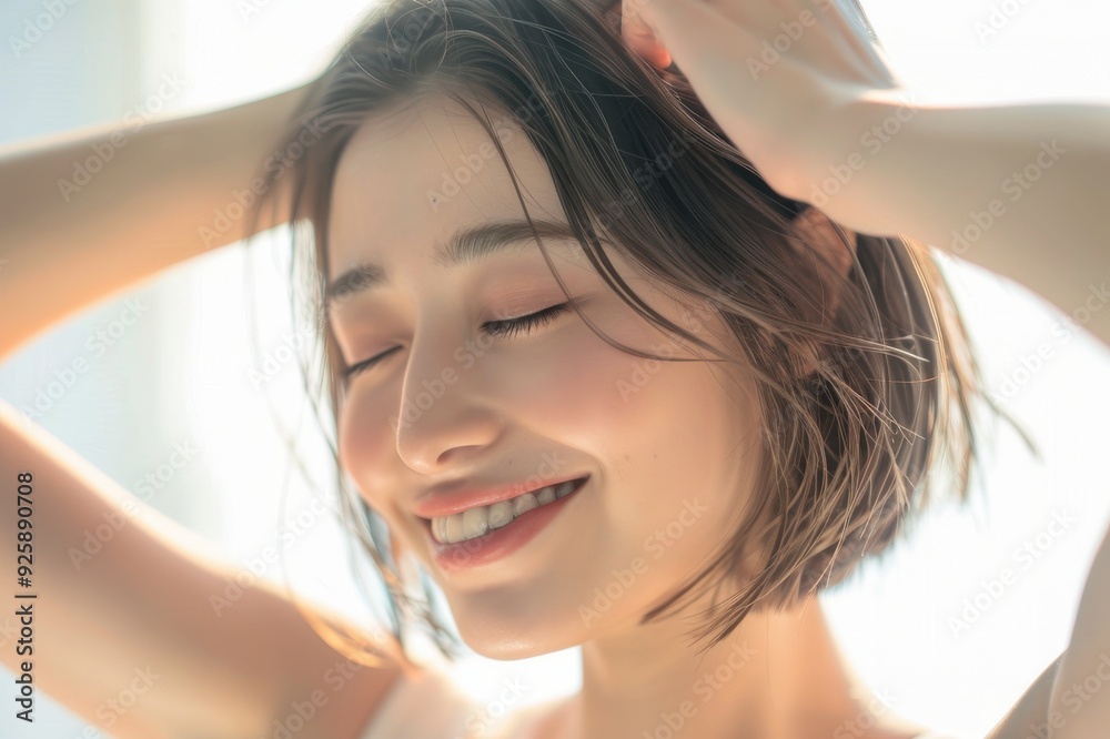 朝の光の中で目を閉じる笑顔の日本人女性(美容・朝活・快眠・睡眠・幸せ・健康) 朝の光の中で目を閉じる笑顔の日本人女性(美容・朝活・快眠・睡眠・幸せ・健康)