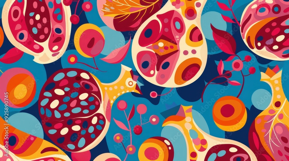Create a dynamic pomegranate pattern with overlapping pomegranates and abstract seed shapes. Create a dynamic pomegranate pattern with overlapping pomegranates and abstract seed shapes.