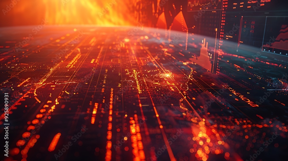 Obraz premium A wide-angle shot of a temperature growth chart from 2040 to 2060, futuristic design, bold reds and oranges, background of extreme weather events like hurricanes and floods, hd quality, natural look.