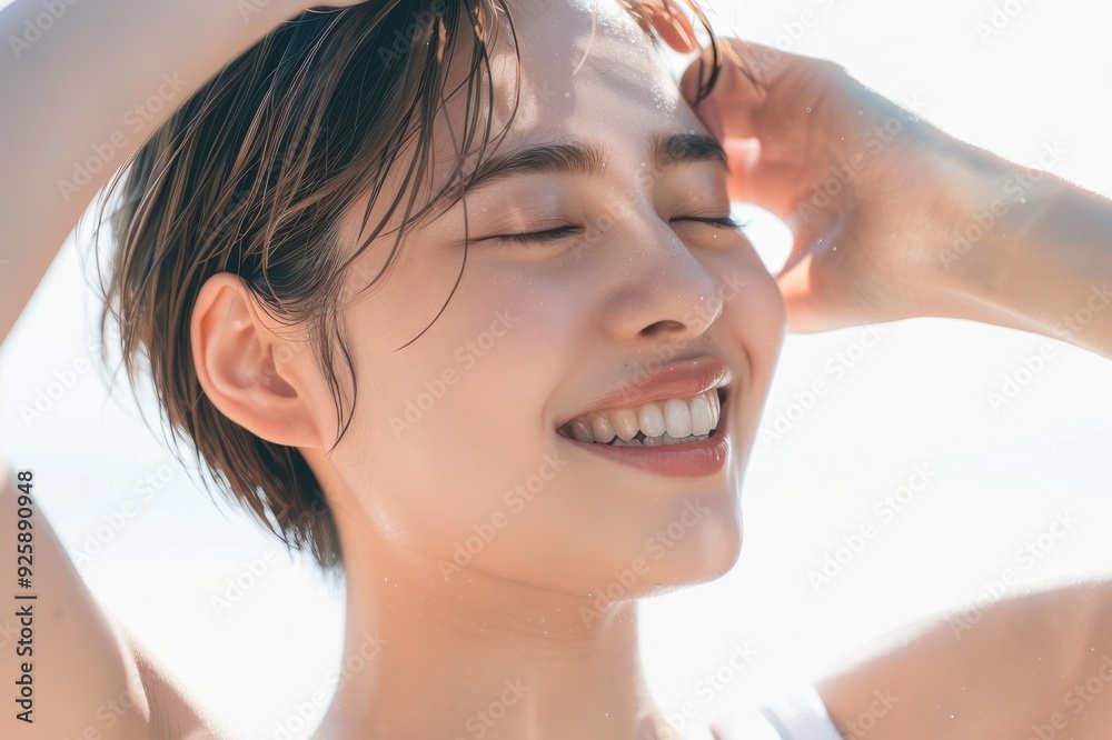Φωτογραφία 朝の光の中で目を閉じる笑顔の日本人女性（美容・朝活・快眠・睡眠・幸せ・健康）