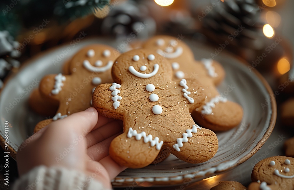 child's hand reaches for a gingerbread man from a plate by the Christmas tree child's hand reaches for a gingerbread man from a plate by the Christmas tree