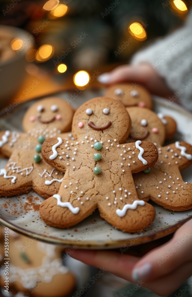 child's hand reaches for a gingerbread man from a plate by the Christmas tree