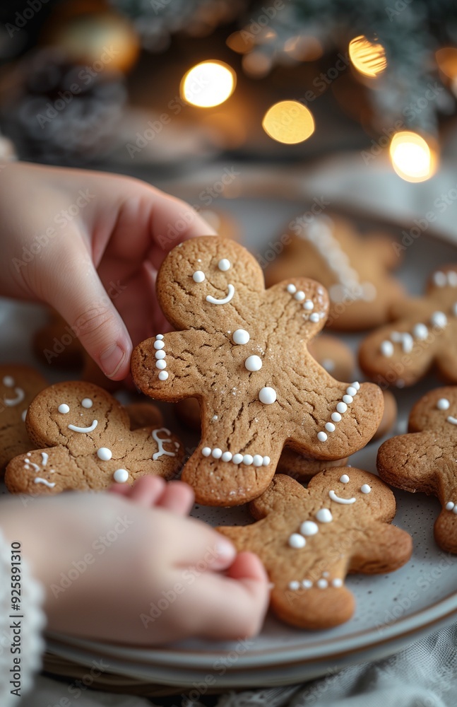 child's hand reaches for a gingerbread man from a plate by the Christmas tree child's hand reaches for a gingerbread man from a plate by the Christmas tree