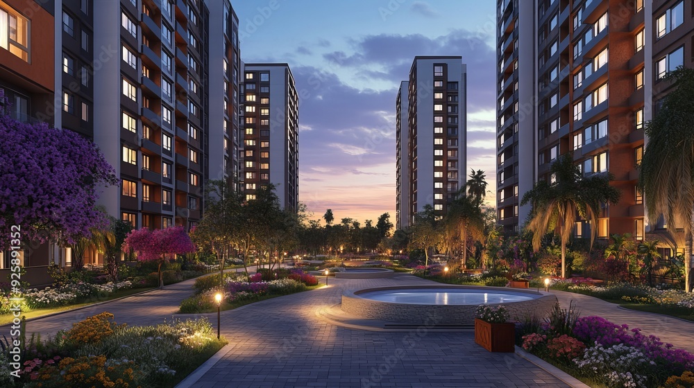 Obraz premium Evening view of modern residential complex with landscaped gardens