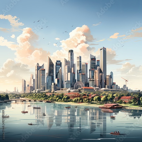 Simple Illustration of Singapore City Skyline in Stylish CGI Style