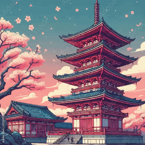japanese pagoda and cherry blossoms