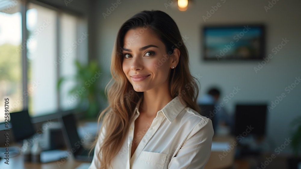 Portrait of confident Hispanic woman in modern office, symbolizes empowerment, celebrates diversity, great for HR, marketing, National Hispanic Heritage Month. Portrait of confident Hispanic woman in modern office, symbolizes empowerment, celebrates diversity, great for HR, marketing, National Hispanic Heritage Month.