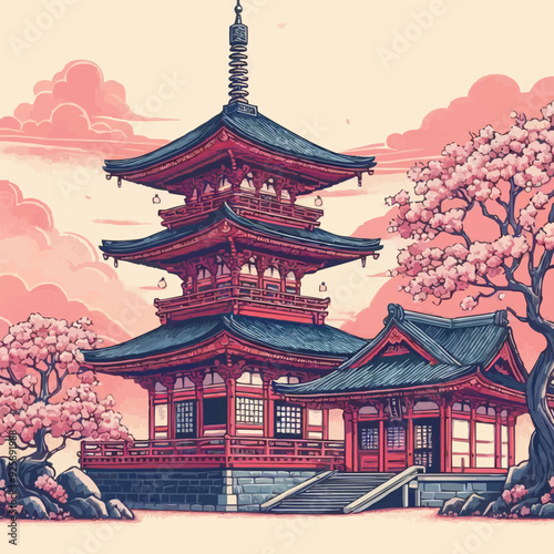 japanese pagoda and cherry blossoms