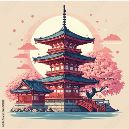 japanese pagoda and cherry blossoms