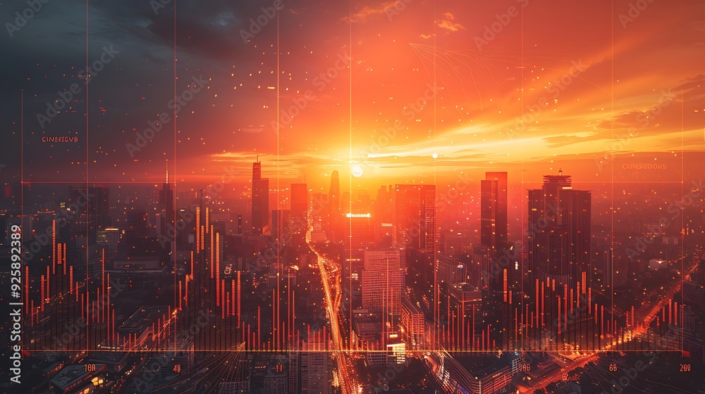 Fototapeta premium Aerial perspective of a climate change graph showing temperature growth from 2060 to 2080, detailed annotations for climate milestones, warm and intense color palette,