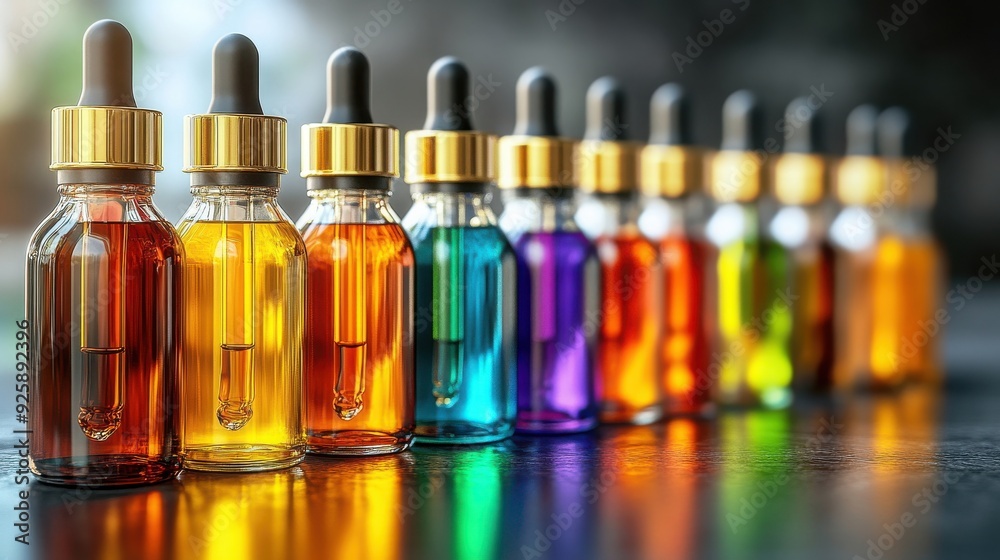 Row of colorful essential oil bottles. Row of colorful essential oil bottles.