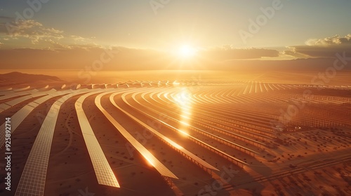 Aerial perspective of a massive solar power plant in the 2040s, vast array of solar panels in the desert, efficient and large-scale energy production, bright and sunny day,