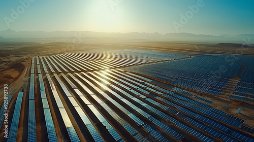 Aerial perspective of a massive solar power plant in the 2040s, vast array of solar panels in the desert, efficient and large-scale energy production, bright and sunny day, photo