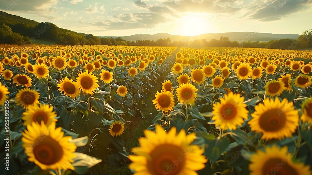 Obraz premium Aerial perspective of a sunflower field in full bloom, hundreds of sunflowers with bright yellow petals, late afternoon light creating long shadows, picturesque rural setting, hd quality,