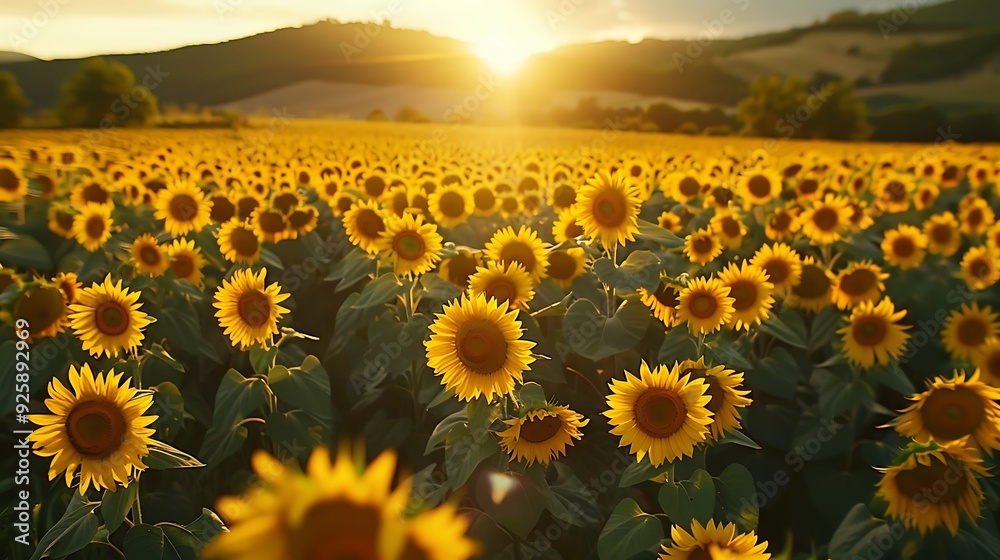 Obraz premium Aerial perspective of a sunflower field in full bloom, hundreds of sunflowers with bright yellow petals, late afternoon light creating long shadows, picturesque rural setting, hd quality,
