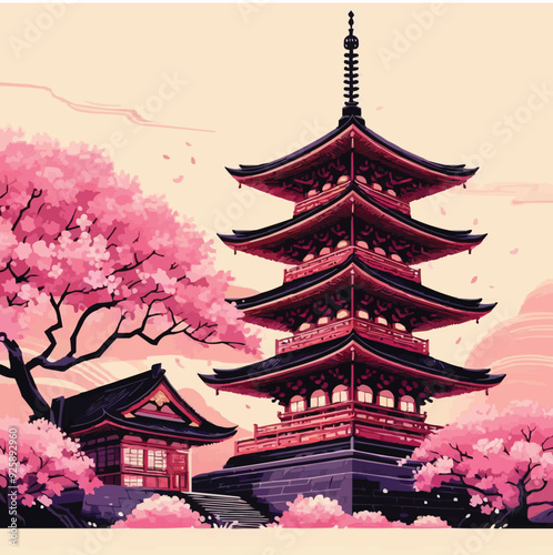 japanese pagoda and cherry blossoms