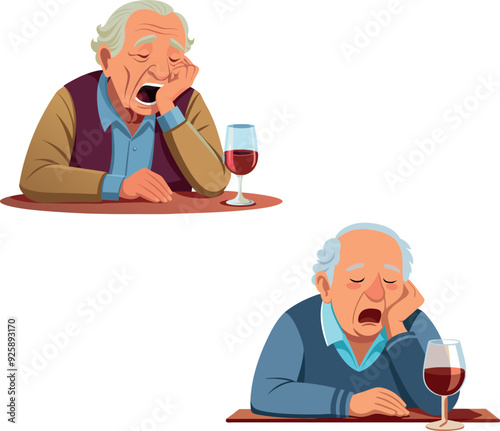 Senior man yawning and drinking a glass of red wine