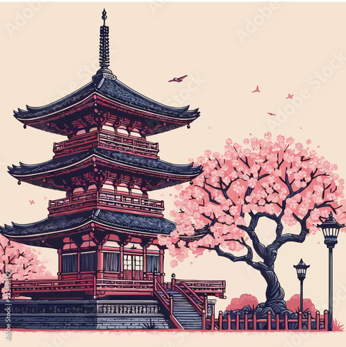 japanese pagoda and cherry blossoms