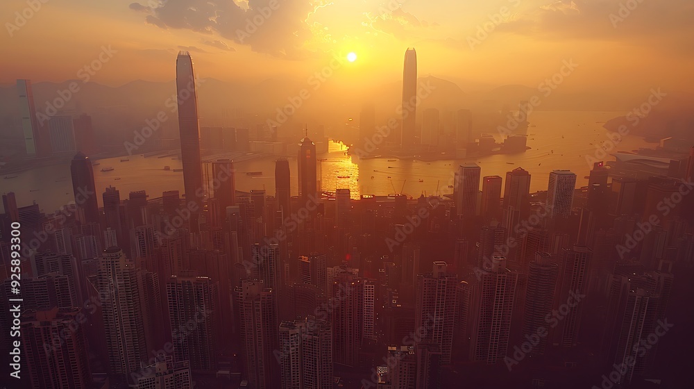 Aerial perspective of the city skyline in the 1990s, significant increase in skyscrapers, construction cranes visible, busy urban environment, sunset light casting long shadows, hd quality,