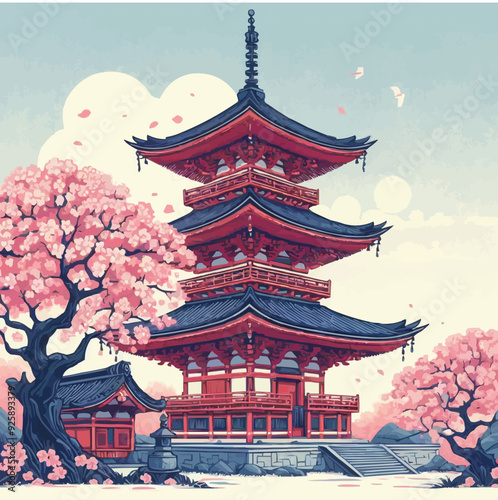 japanese pagoda and cherry blossoms