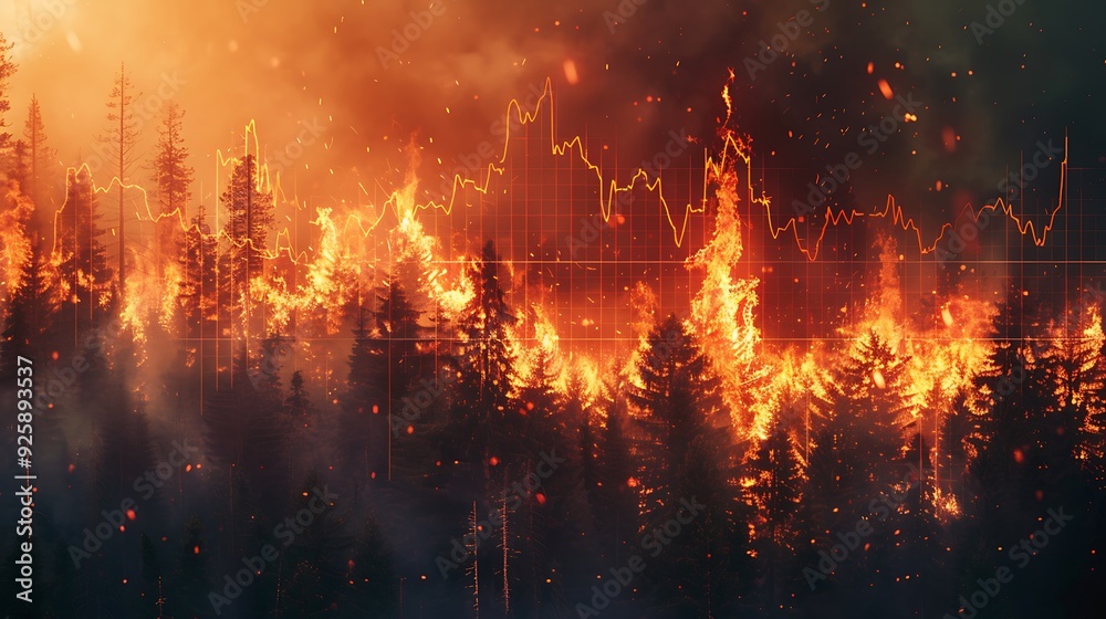 Fototapeta premium Aerial view of a climate change impact chart showing temperature growth from 2000 to 2020, detailed graph with sharp upward trend, vibrant reds and oranges, background of a forest fire,