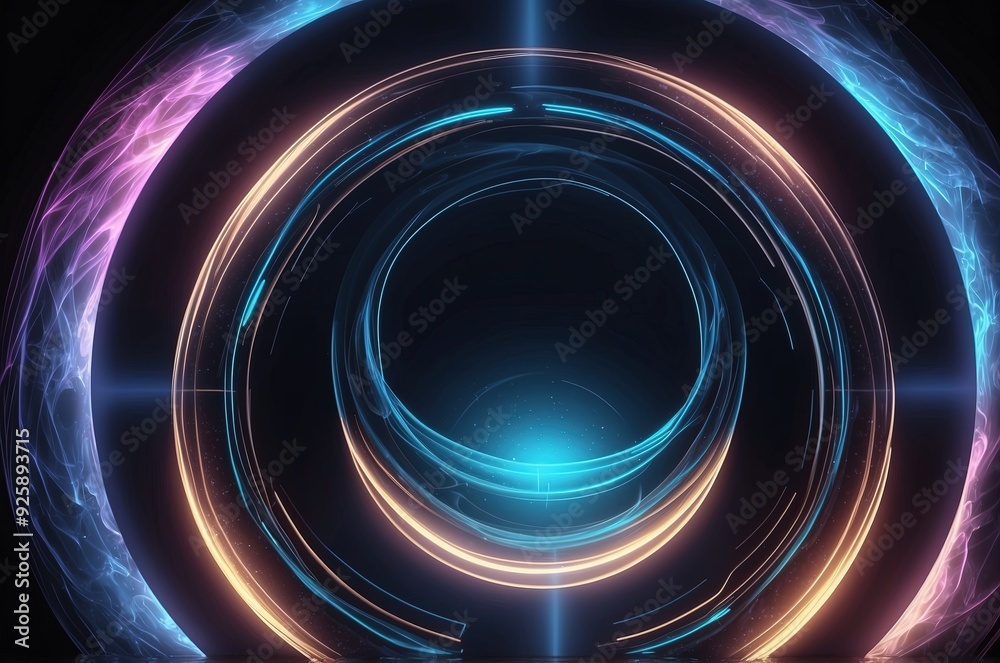 Neon blue color geometric circle on a dark background. Neon blue color geometric circle on a dark background.