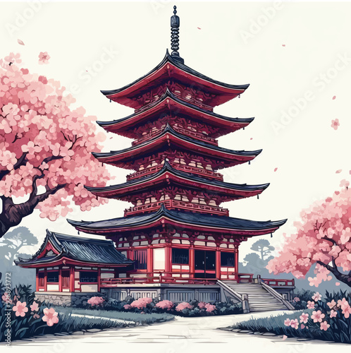 japanese pagoda and cherry blossoms