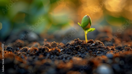 A close-up photograph of a sunflower seed planted in rich soil, small green sprout just emerging, early morning light, moist soil, detailed textures, hd quality, natural look. --ar 16:9 --v 6.