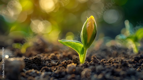 A close-up photograph of a sunflower seed planted in rich soil, small green sprout just emerging, early morning light, moist soil, detailed textures, hd quality, natural look. --ar 16:9 --v 6.