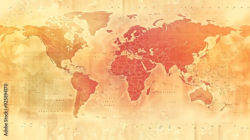 Fototapeta Naklejka Na Ścianę i Meble -  A panoramic graph showing the rise in global temperatures from 1900 to 1920, detailed data points, warm colors representing the increasing heat, a vintage world map in the background, hd quality,