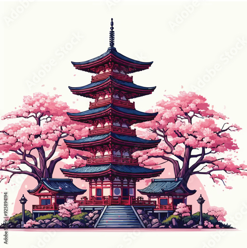 japanese pagoda and cherry blossoms