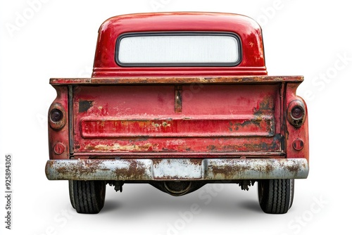 Back Of Old Truck. Vintage Red Pickup Isolated on White Background with Clipping Path