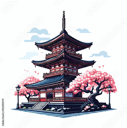 japanese pagoda and cherry blossoms