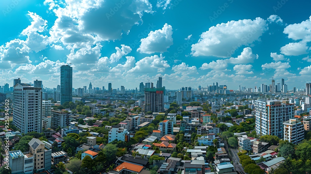 Obraz premium A panoramic view of a city in the 2010s, dense population, modern infrastructure, high-rise residential and commercial buildings, diverse crowd, busy and vibrant environment, clear skies, hd quality,