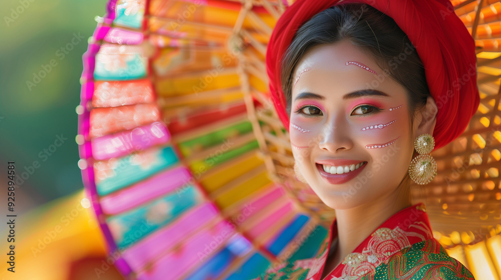 A smiling woman in traditional attire with vibrant makeup stands under a colorful umbrella, creating a rainbow-like background A smiling woman in traditional attire with vibrant makeup stands under a colorful umbrella, creating a rainbow-like background