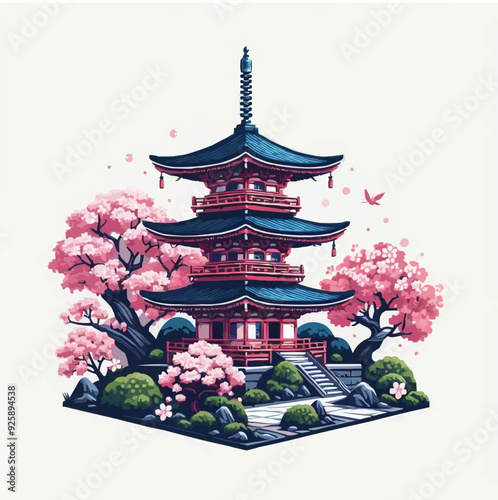 japanese pagoda and cherry blossoms