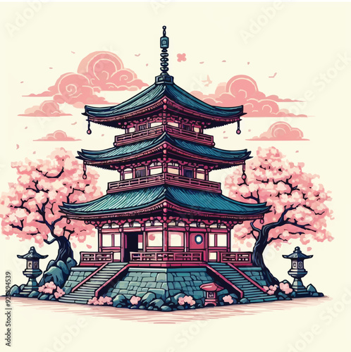 japanese pagoda and cherry blossoms