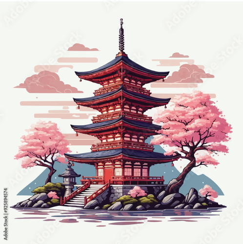 japanese pagoda and cherry blossoms