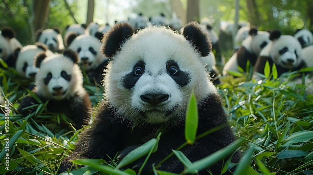 Obraz premium A panoramic view of a global panda population celebration event, many pandas in their natural habitat, conservationists and supporters gathered, festive and joyful atmosphere,