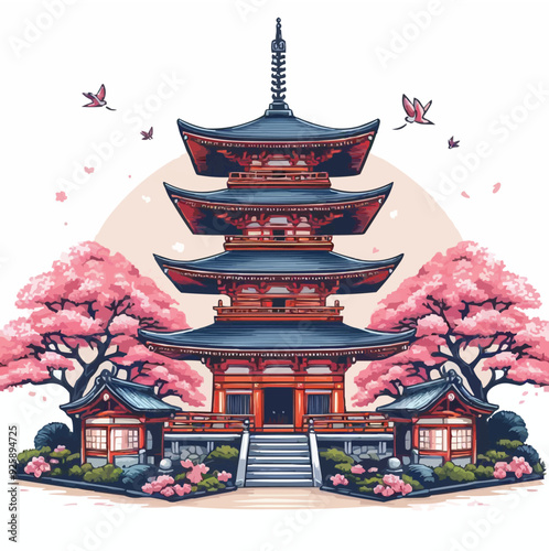 japanese pagoda and cherry blossoms